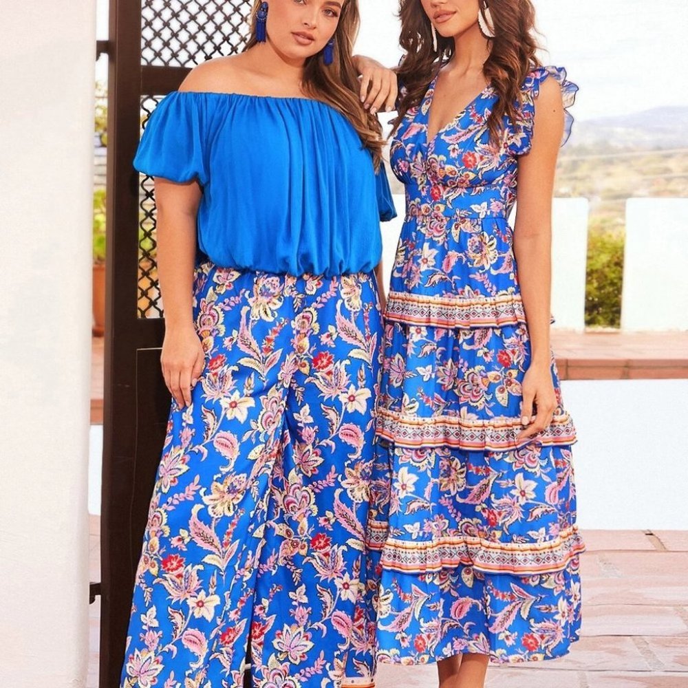 Boho Womens Floral Print Plunging Neck Ruffle Trim Dress - Picture 5 of 5